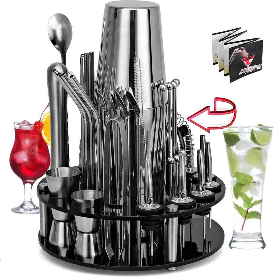 Cocktailset 41-delige Boston Cocktailshaker roestvrijstalen barset-Roterende acrylstandaard-Cocktailshakerset met roestvrijstalen bar-41PCS