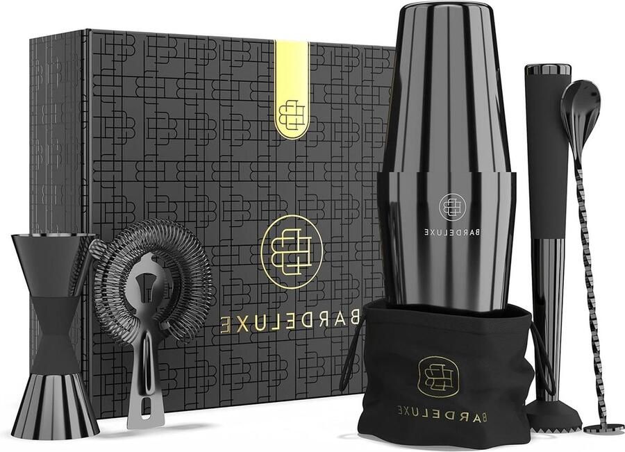 Cocktailset 5-delig barkeeperset cocktailmix set 750 ml cocktailshaker Boston cocktailset roestvrij staal cocktailaccessoires luxe cadeauset tas & receptenboek (zwart)