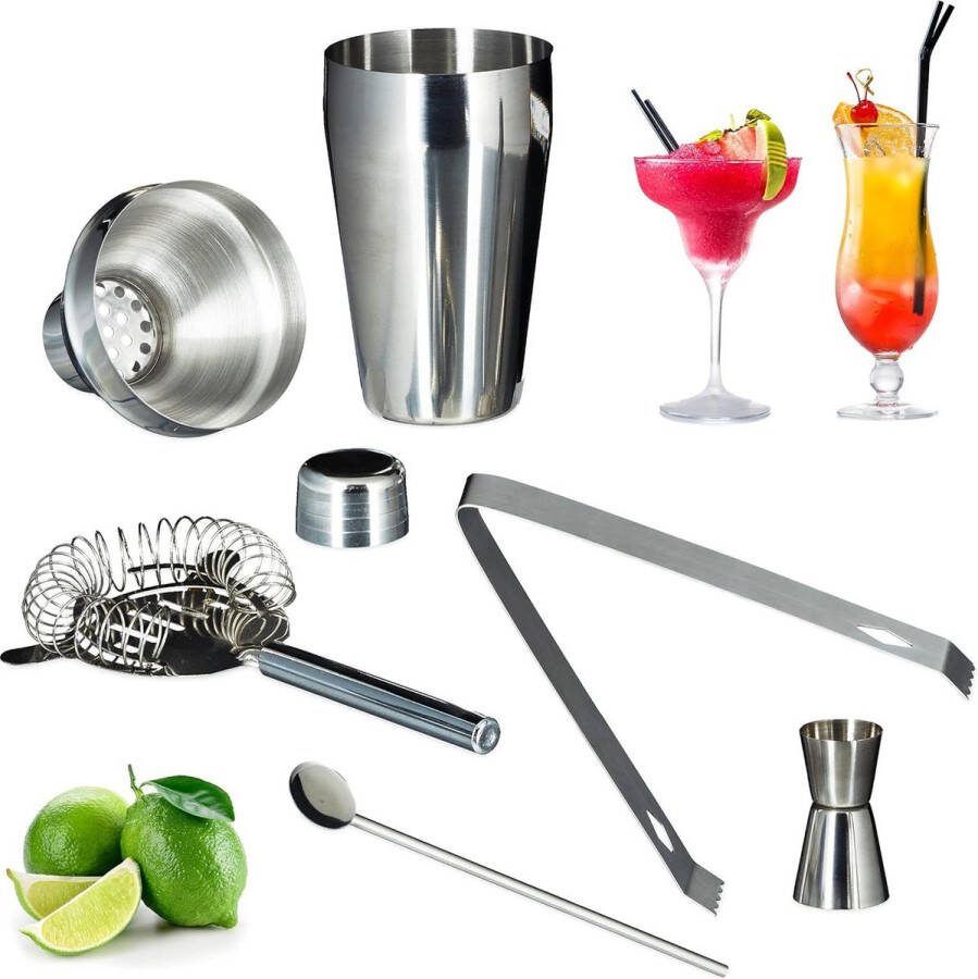 Cocktailset 5-delig barset met shaker en rvs barmixer cocktailshaker set zilver