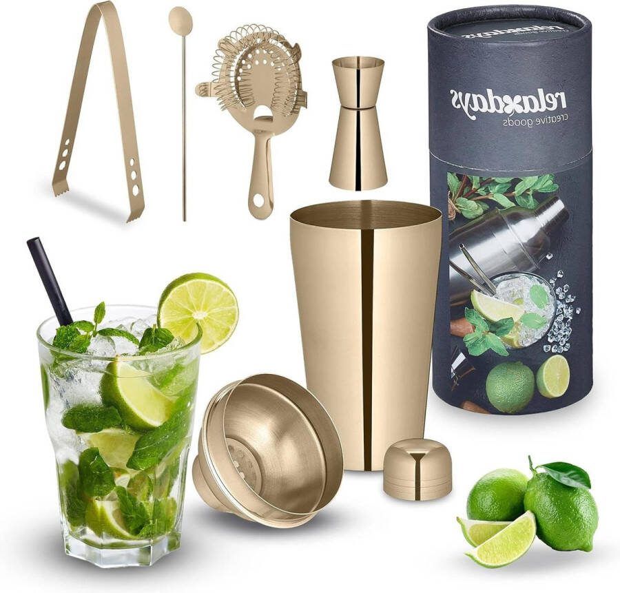 Cocktailset 5-delig rvs 500 ml shaker baraccessoires voor de huisbar ijstang & barmaatje goud