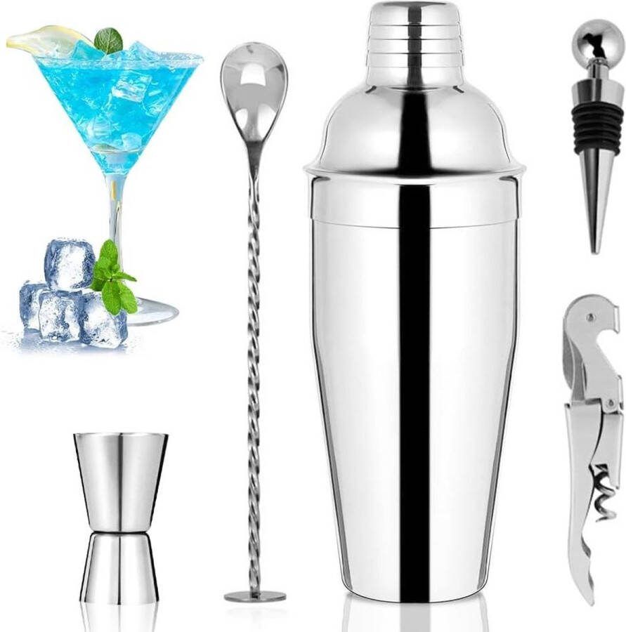 Cocktailset 5 stuks roestvrij staal cocktailshakerbarset cocktailmixerset maatbeker en barlepel 750 ml barkeeperset voor thuis bar party geschenkbarset