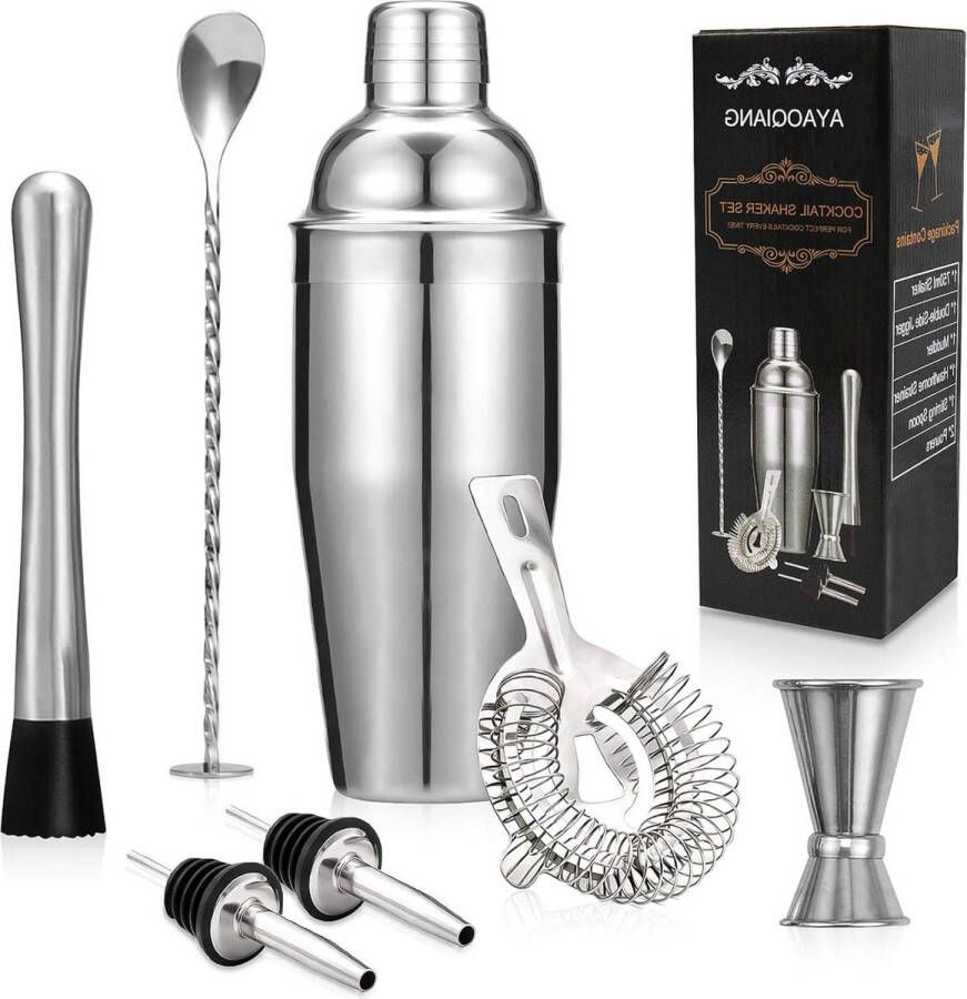 Cocktailset 7-delige cocktailbereidingsset 750 ml roestvrijstalen bargereedschapset barmanset met dubbele jigger muddler zeef schenkers menglepel