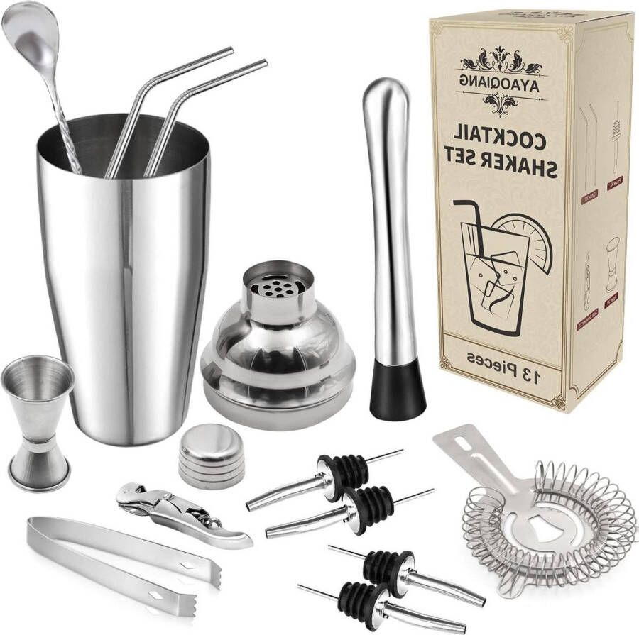 Cocktailset 7-delige cocktailbereidingsset met roestvrijstalen shaker- bargereedschapset en meer 750 ml
