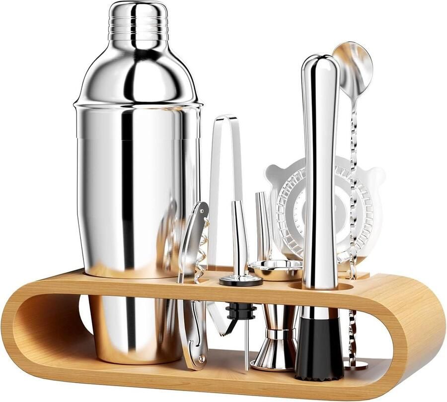 Cocktailset 750 ml 10 stuks roestvrijstalen shaker houten standaard mixer professionele baraccessoires dubbele maatbeker lepel stamper dranken mixen zilver