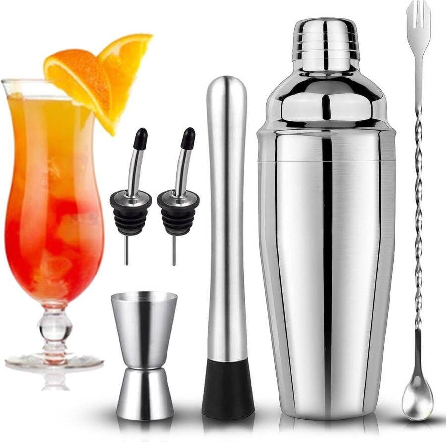Cocktailset 750 ml roestvrij staal shaker baraccessoires shaker maatbeker lepel stamper schenktuit professionele barkeeperset thuis bar feest