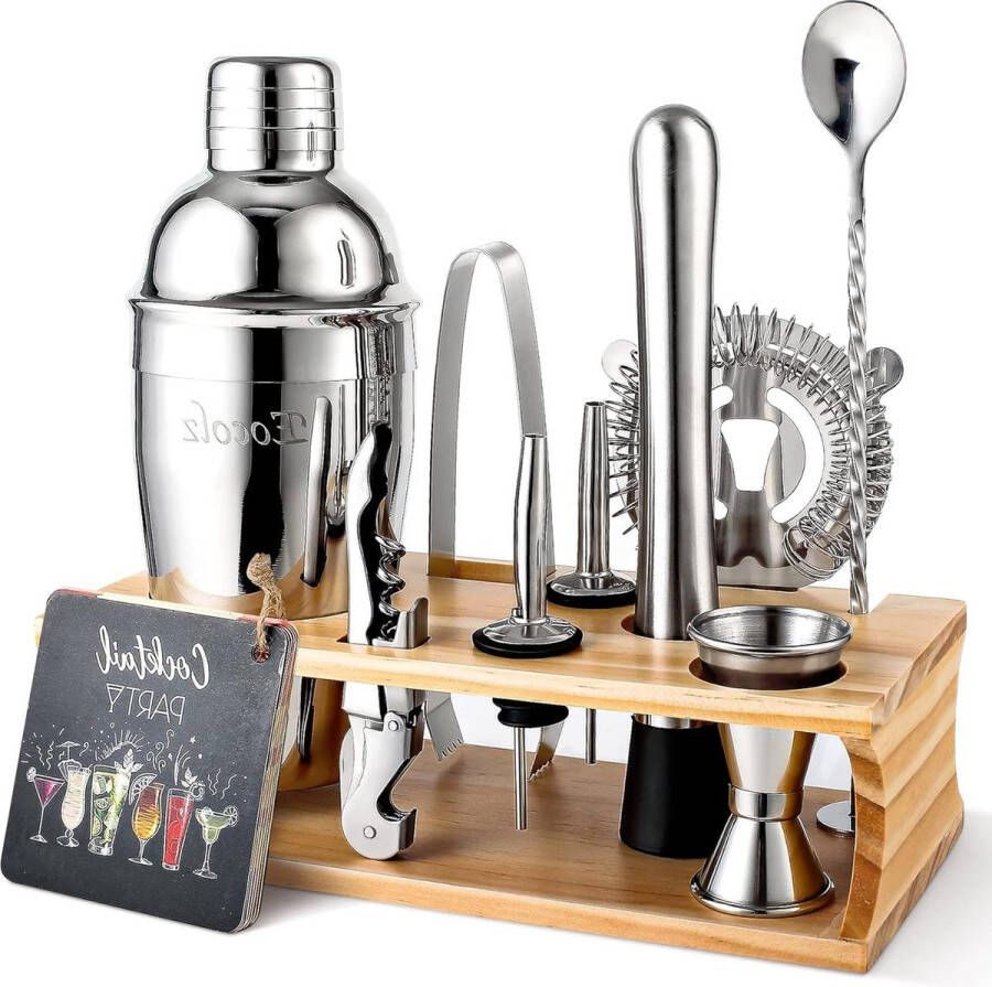 Cocktailset 750 ml roestvrijstalen staafgereedschapset inclusief bamboe displaystandaard voor thuis en bar