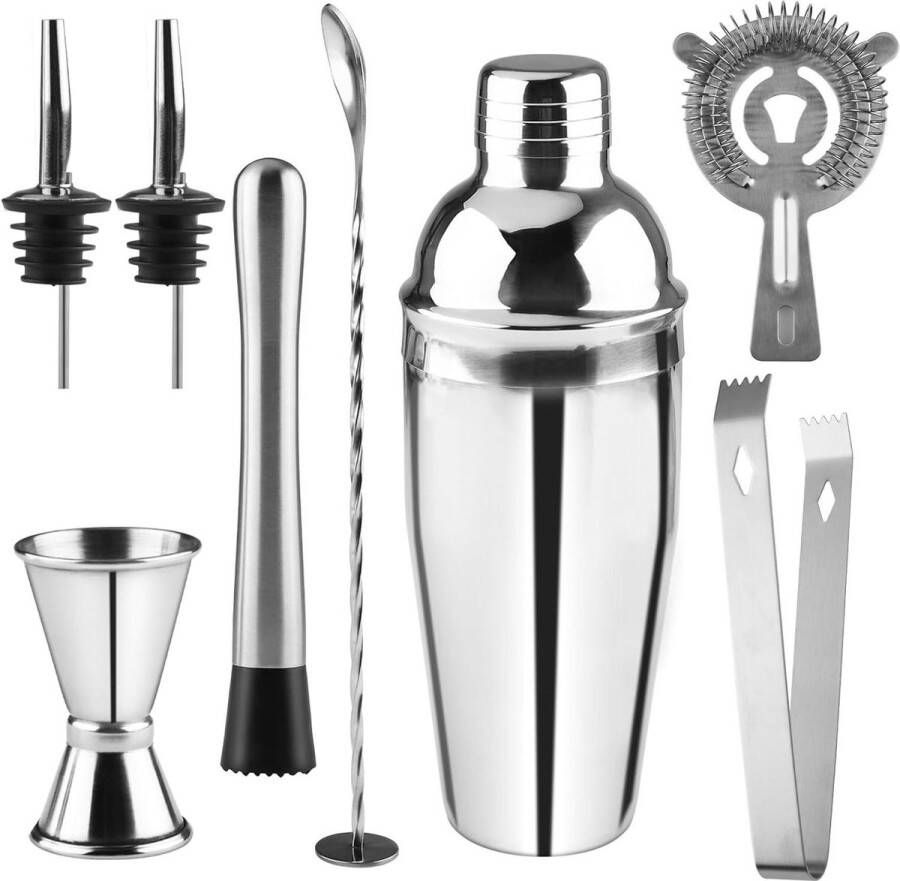 Cocktailset 8-delig roestvrij staal premium cocktailmix cadeauset thuis bars feestjes roestvrijstalen shaker maatbeker lepel schenktuit