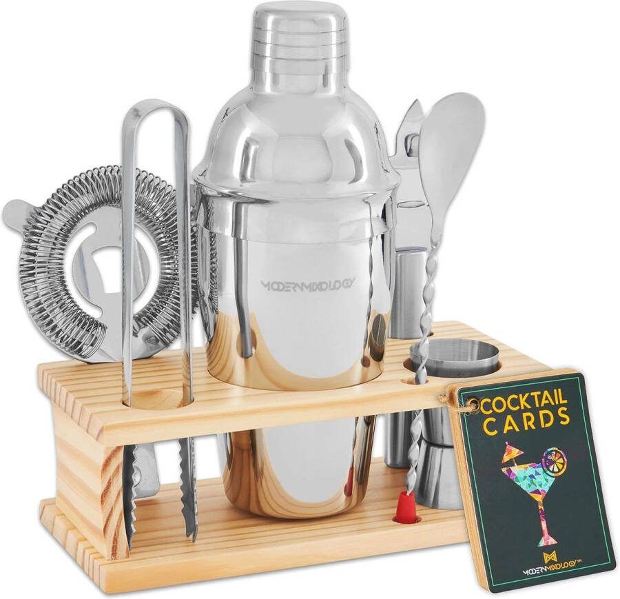 Cocktailset 8-delige barset bevat 1 cocktailmixer van 530 ml 1 barzeef 1 cocktailmaatbeker 1 ijstang 1 barlepel 1 flesopener receptenkaarten en 1 houten standa