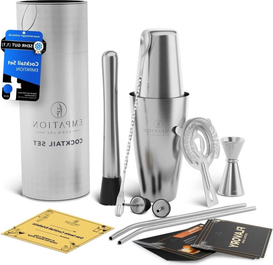Cocktailset 9-delige cocktailset met 825 ml Boston shaker cocktailaccessoires inclusief receptenkaarten barset geschikt voor beginners en professionals cocktailshaker set roestvrijstaal