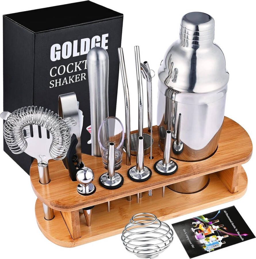 Cocktailset Cocktailshaker 18-delig Cocktailmixer Cadeauset Baraccessoires 750 ml Cocktailshaker met houten standaard