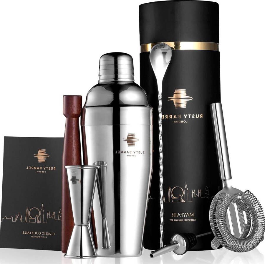 Cocktailset Grote Manhattan Roestvrij Stalen Cocktailshaker Cocktailstamper Cocktailstrainer Barmaatje Schenktuit Cocktaillepel en Receptenboekje Luxe Geschenkdoos