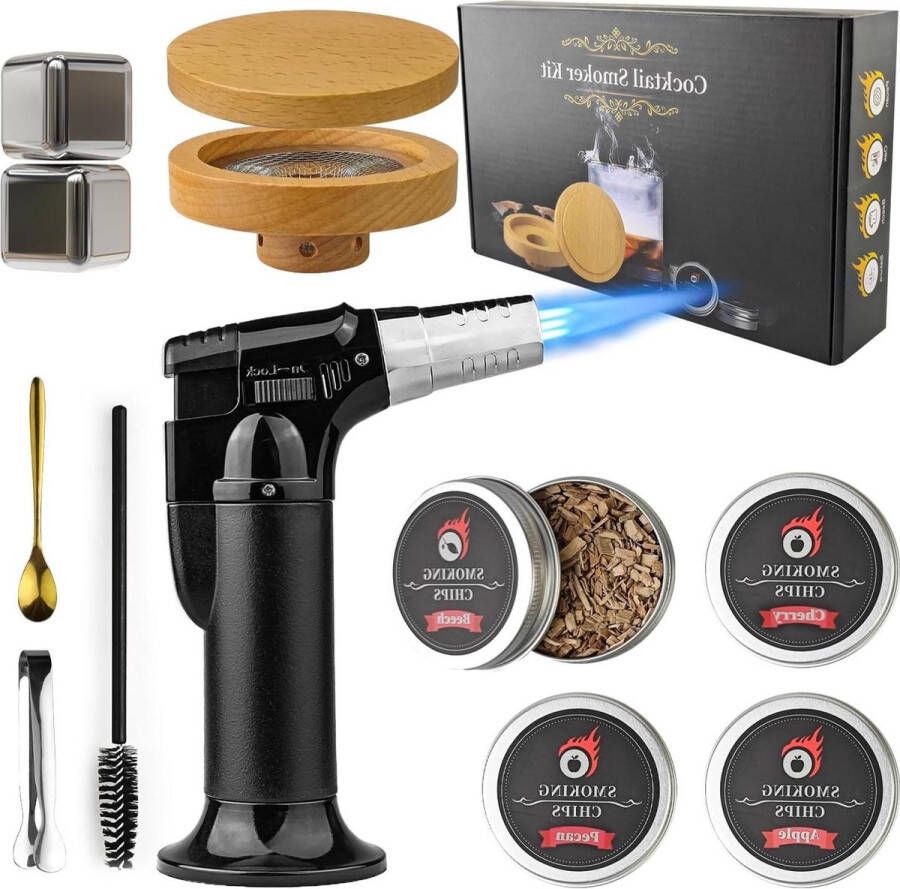 Cocktailset met 4 houtsnippers Ouderwetse whiskyrokerdrankset Cocktailbrander voor drankjes Bourbon koffie kaas-walnoot