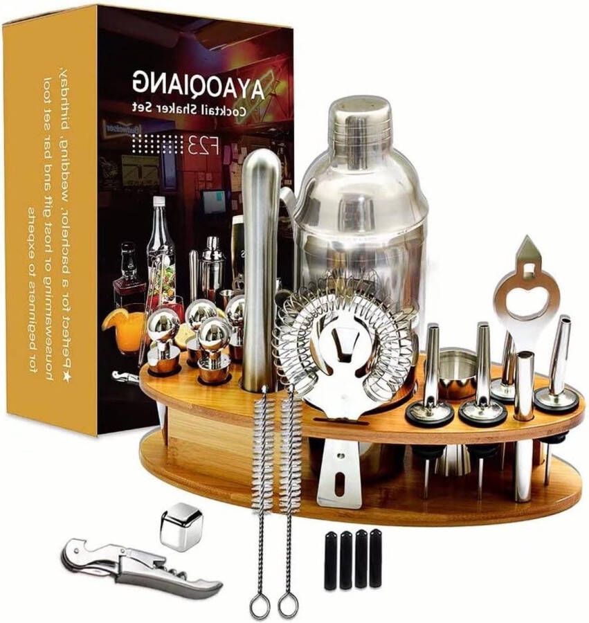 Cocktailset Mixing Set 23 stuks Bartender Cocktail Shaker Set 750ml RVS Bar Tool Kit met Houten Display Stand Keuken en Bar Cocktail Making Set