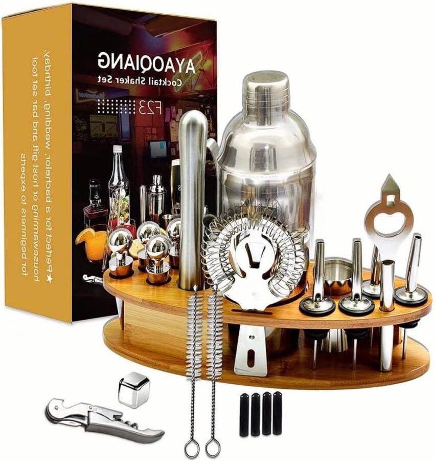 Cocktailset Mixing Set 23 stuks Cocktail Shaker Set voor Bartender 750ml RVS Bar Tool Kit met Houten Display Stand Keuken en Bar Cocktail Making Set