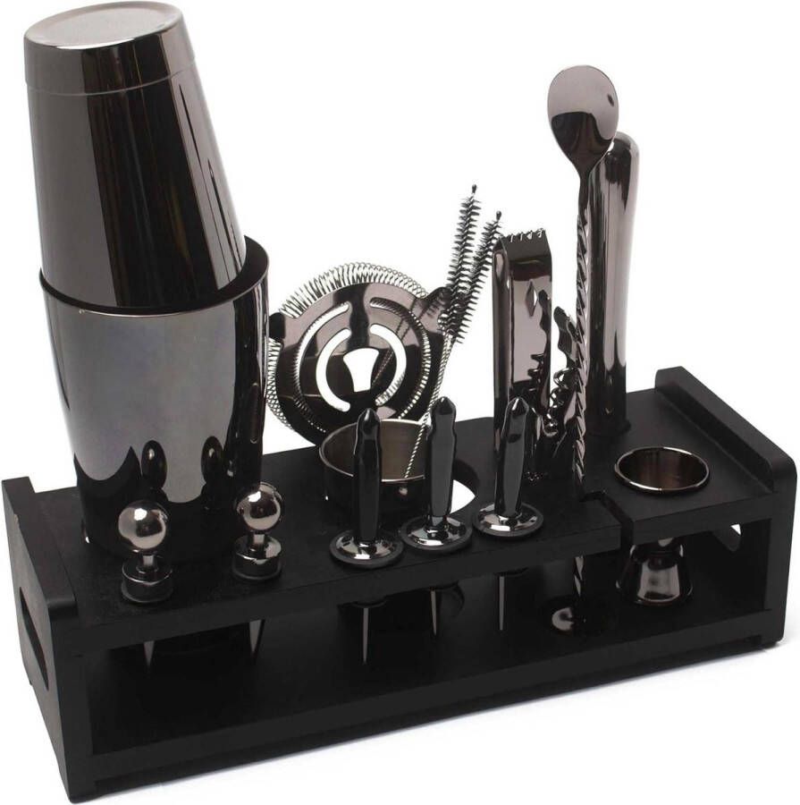 Cocktailset Premium zwart 17-delige barkeeper set shaker jigger schenktuit stamper tang