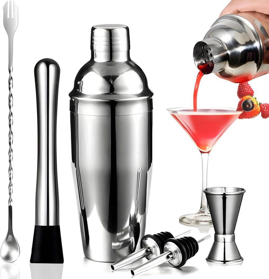 Cocktailset roestvrij staal cocktailshakerbarset cocktailmixset 750 ml bar-gereedschapsset 6-delige roestvrijstalen shakerbar-accessoires professionele barwareset voor thuis of in de bar