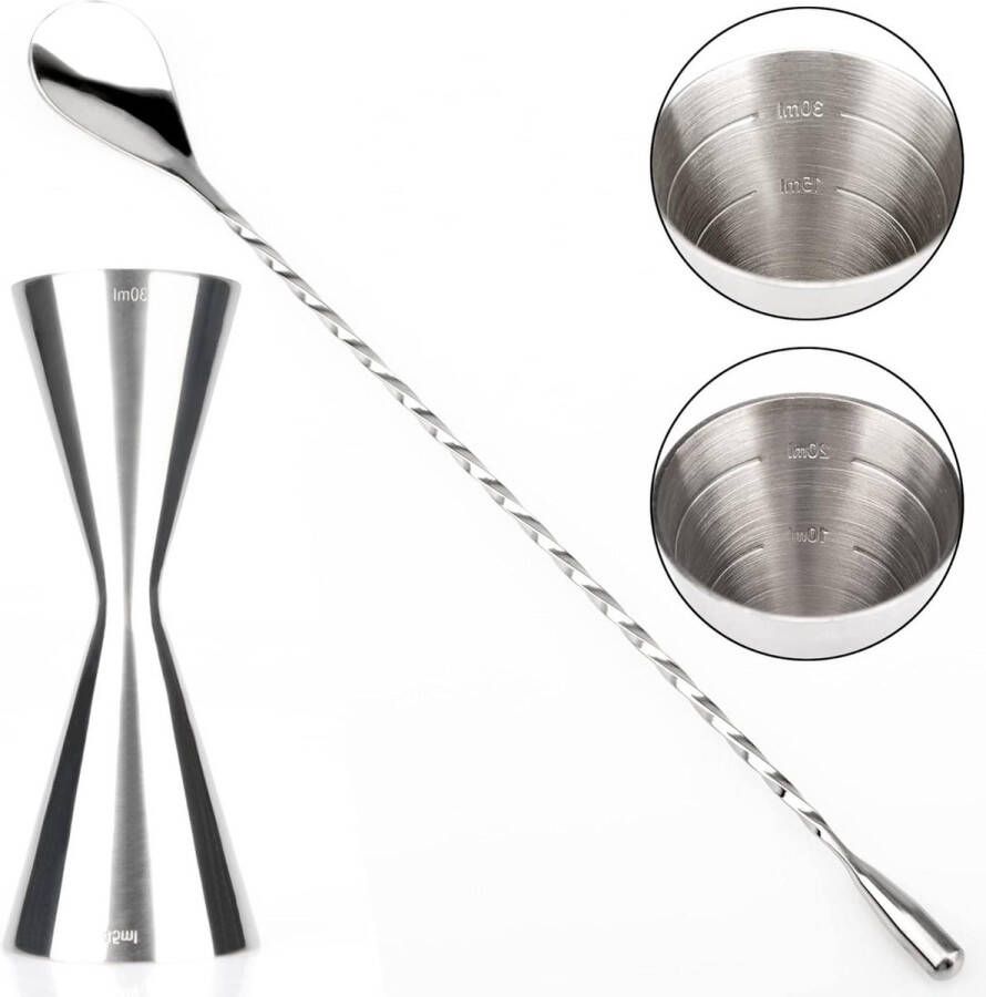 Cocktailset Roestvrij-staal Jigger Spirit Measure en Cocktail Lepel Twisted Roerder Shot Drink Alcohol Maatregel Bar Set voor Spirits 30 45ml Zilver