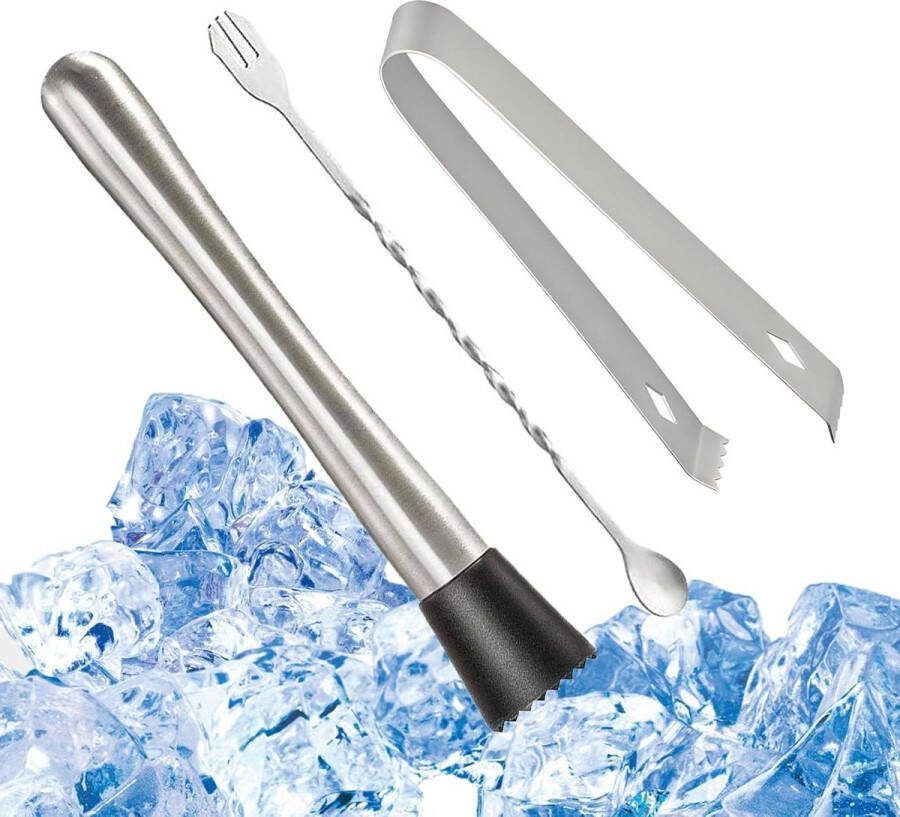 Cocktailset Roestvrijstalen 3-delige Muddler-Set IJstang-Menglepel-Baraccessoire voor Melkthee Koffie Fruitdranken