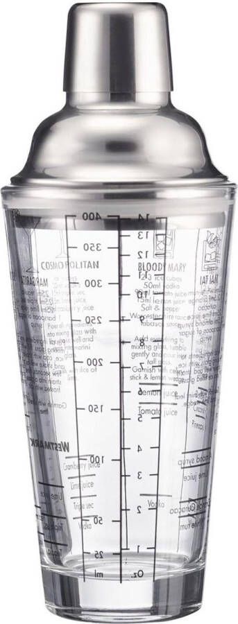 Cocktailset Sam shaker met schaalverdeling en zeefje professionele cocktailmixer bar accessoires met recepten roestvrij staal glas 400ml