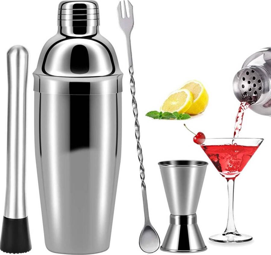 Cocktailshaker Set 750 ml cocktailshaker roestvrij staal professionele cocktailmixer bar cocktailset 4-delig roestvrij staal shaker baraccessoires barwareset voor thuis of in de bar