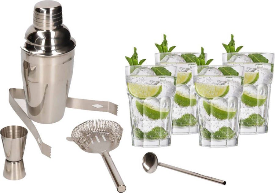 Merkloos Sans marque Cocktailshaker set RVS 5-delig inclusief 4x cocktailglazen 350 ml Zelf cocktails maken