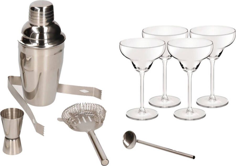 Merkloos Sans marque Cocktailshaker set RVS 5-delig inclusief 4x cocktail margarita glazen 350 ml Zelf cocktails maken