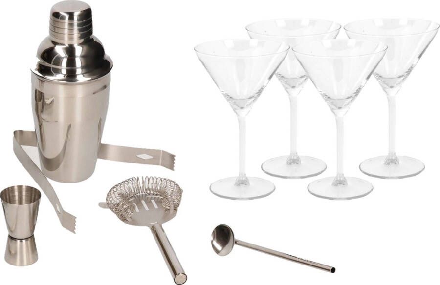 Merkloos Sans marque Cocktailshaker set RVS 5-delig inclusief 4x cocktail martini glazen 260 ml Zelf cocktails maken