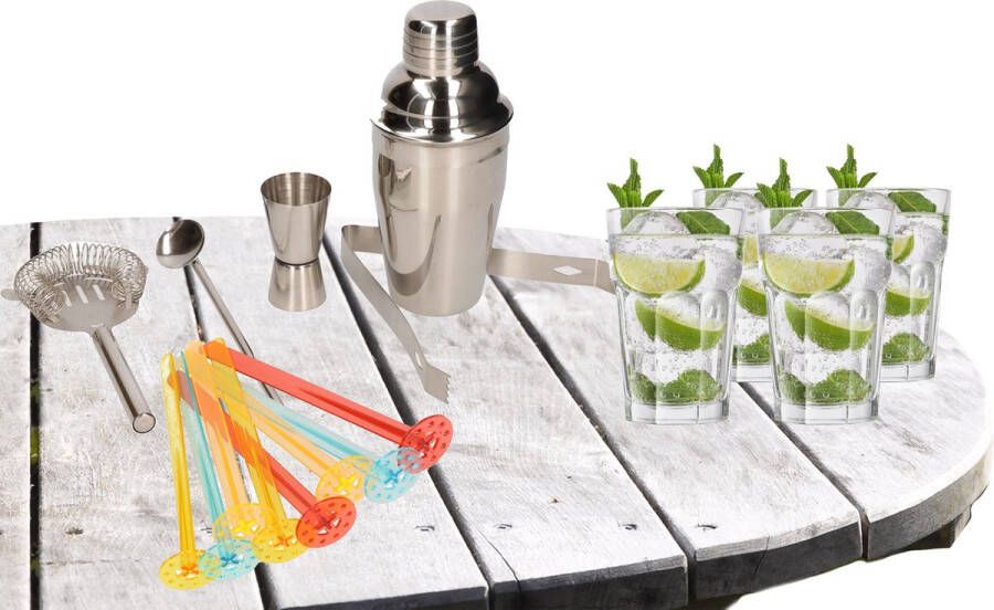 Merkloos Cocktailshaker set RVS 5-delig inclusief 4x cocktailglazen 410 ml Cocktailshakers