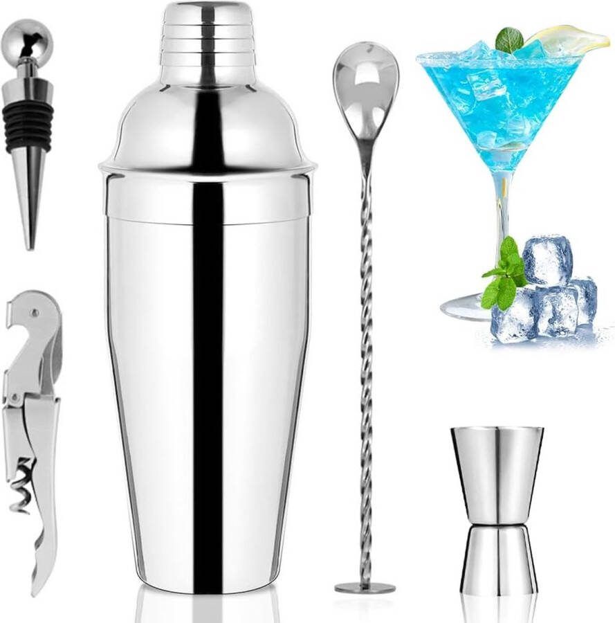 Cocktailshakerset 5-delige roestvrijstalen cocktailmixset cocktailshaker-barset cocktailmixerset maatbeker en barlepel 750 ml barmanset voor thuis barfeest cadeaubarset