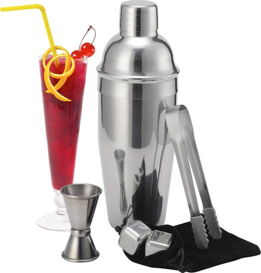 Cocktailshakerset 750 ml roestvrijstalen barmanset met 2 ijsstenen maatbekers cocktaillepel fluwelen zakje 6-delige bargereedschapsset voor thuisfeest verjaardag jubileum wieden