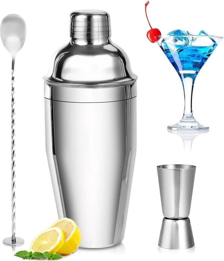Cocktailshakerset 750 ml roestvrijstalen cocktailshaker professionele cocktailmixset premium barmanset baraccessoires met maatbeker barlepel voor thuis bar cadeauset voor mannen