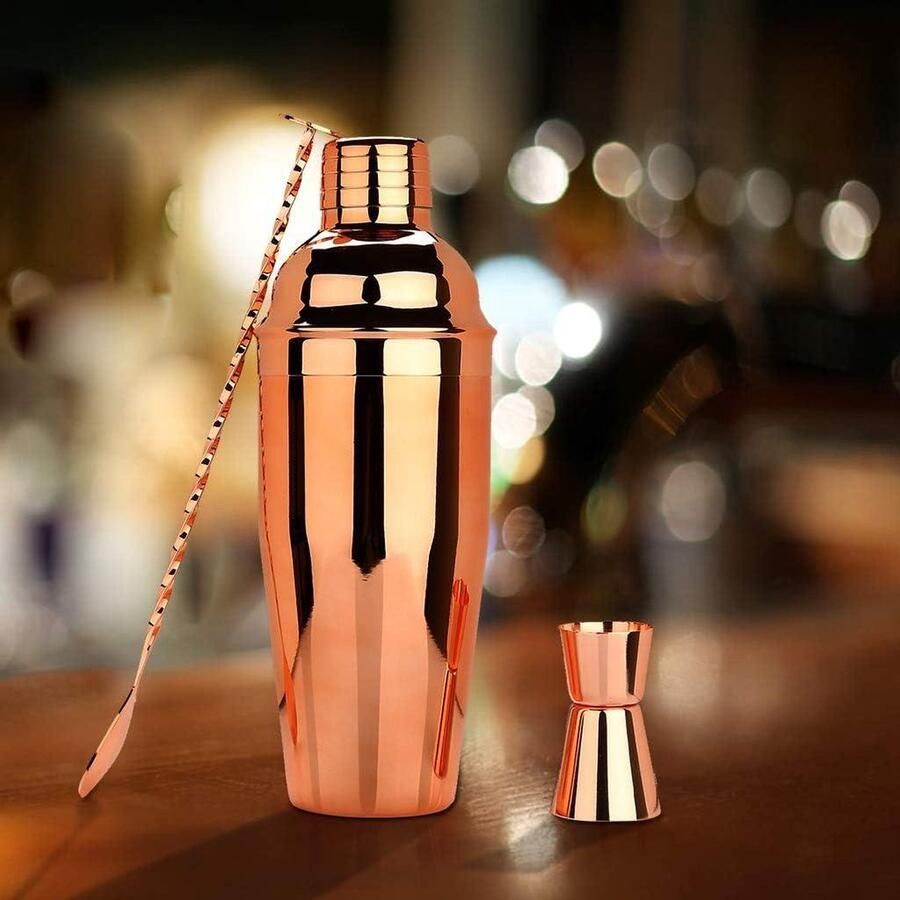 Cocktailshakerset met bamboestandaard 16-delige barmanset voor professioneel gebruik Boston-shakerset van 750 ml met jigger barlepel Moderne aperitiefset voor bars feesten picknicks Roségoud cocktail shaker rose gold