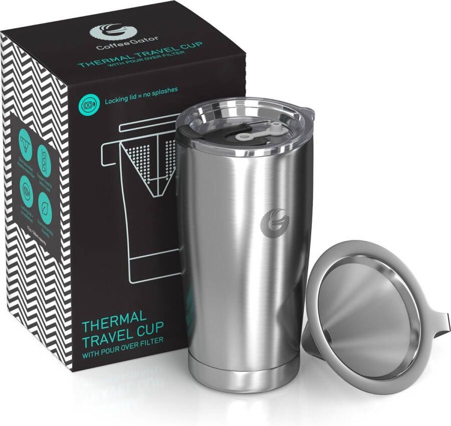 Coffee Gator Pour Over Coffee Maker All-in-One Thermal Coffee Mug for Travel and Hand Drip Coffee Machine Vacuum Insulated Stainless Steel with Paperless Filter 585 ml Silver