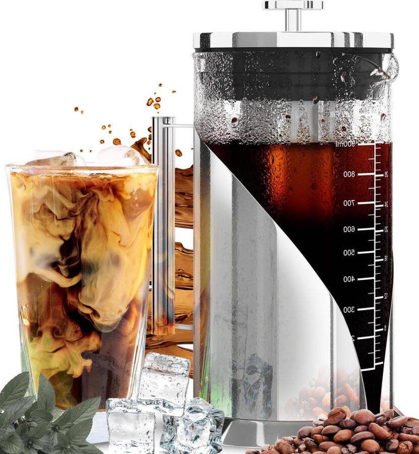 Cold Brew Koffiemaker 1 liter Roestvrij Staal 304 Borosilicaatglas Iced Coffee Maker Luchtdichte siliconen afdichting