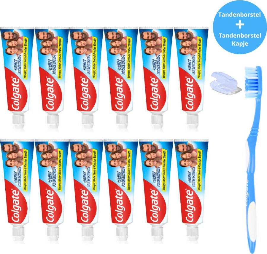 Colgate Tandpasta Anti Cavity 12 x 75ml Tandpasta Whitening Teeth Whitening Tandenborstel en Tandenborstelkapje Set Tandpasta Voordeelverpakking