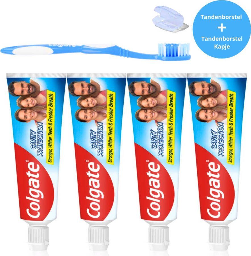 Colgate Tandpasta Anti Cavity 4 x 75ml Tandpasta Whitening Teeth Whitening Tandenborstel en Tandenborstelkapje Set Tandpasta Voordeelverpakking
