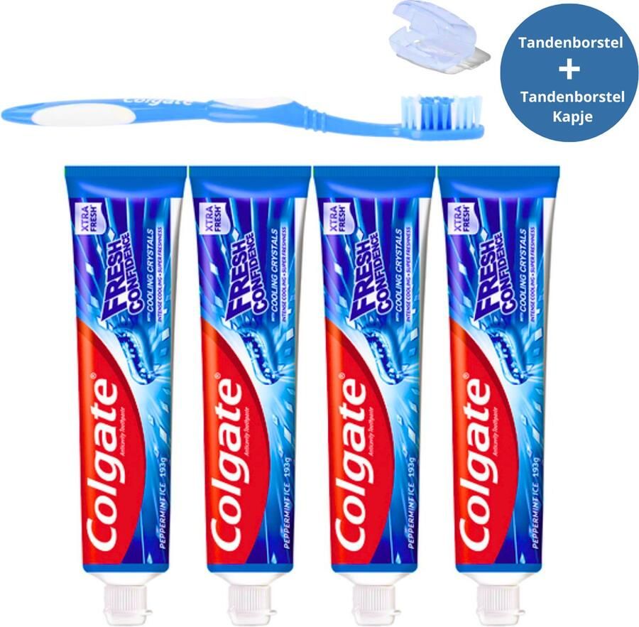 Colgate Tandpasta Fresh Confidence Blue Burst 4 x 75ml Tandenborstel en Tandenborstelkapje Set Tandpasta Voordeelverpakking
