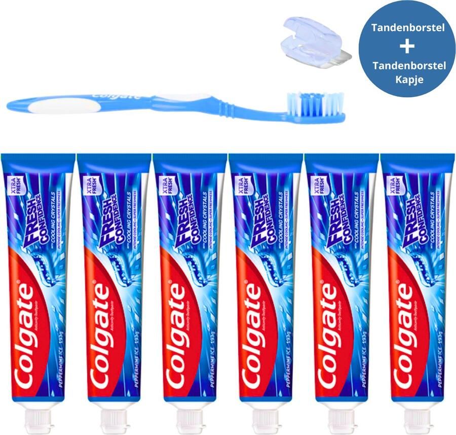 Colgate Tandpasta Fresh Confidence Blue Burst 6 x 75ml Tandenborstel en Tandenborstelkapje Set Tandpasta Voordeelverpakking
