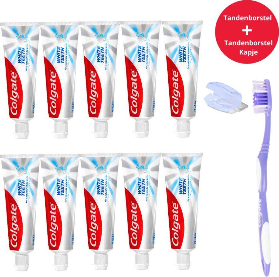 Colgate Tandpasta White Teeth 10 x 75ml Tandpasta Whitening Teeth Whitening Tandenborstel en Tandenborstelkapje Set Tandpasta Voordeelverpakking