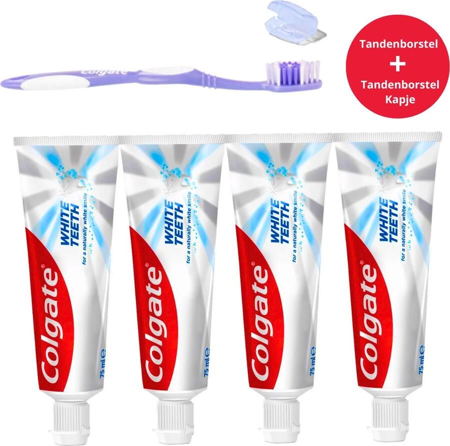 Colgate Tandpasta White Teeth 4 x 75ml Tandpasta Whitening Teeth Whitening Tandenborstel en Tandenborstelkapje Set Tandpasta Voordeelverpakking