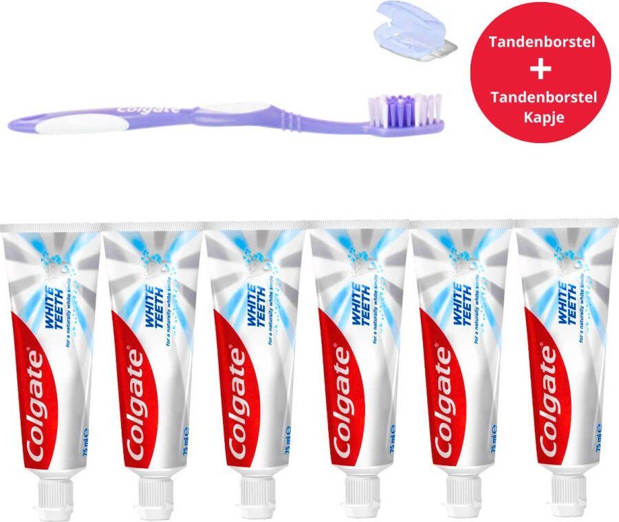 Colgate Tandpasta White Teeth 6 x 75ml Tandpasta Whitening Teeth Whitening Tandenborstel en Tandenborstelkapje Set Tandpasta Voordeelverpakking