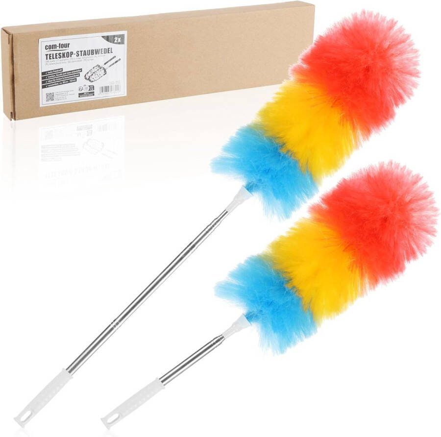 Com-four 2 x Duster with Telescopic Handle Extra Long and Extendable Cobweb Broom in Bright Colours Telescopic Duster (Pack of 02 Rainbow Long)