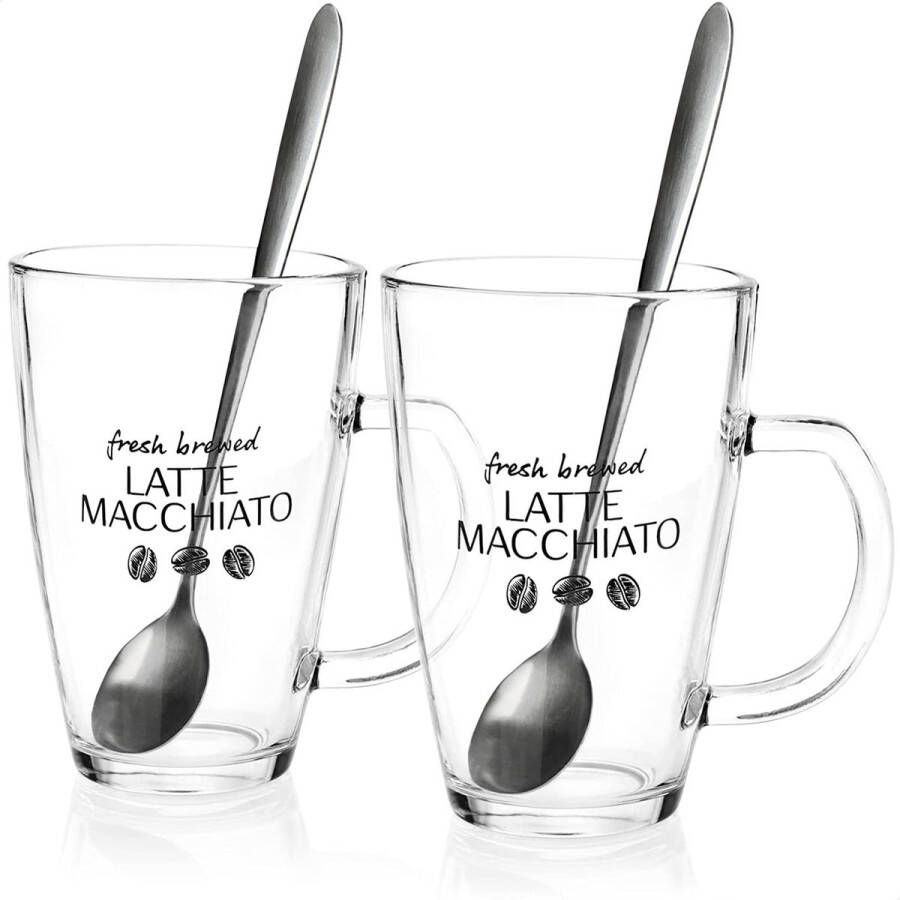 COM-FOUR 2x latte macchiatoglas latte macchiatoglazen met lepels koffieglazen met handgrepen drinkglazen voor thee koffie cacao