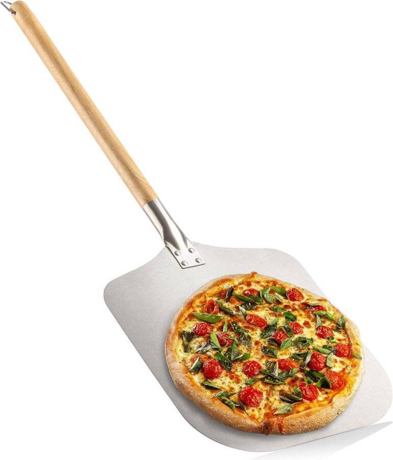 COM-FOUR pizzaschep van roestvrij staal 430 met afneembare handgreep pizza- en taartschep met houten handvat ideaal voor pizza tarte flambée en brood zilverkleurig zwart hoekig
