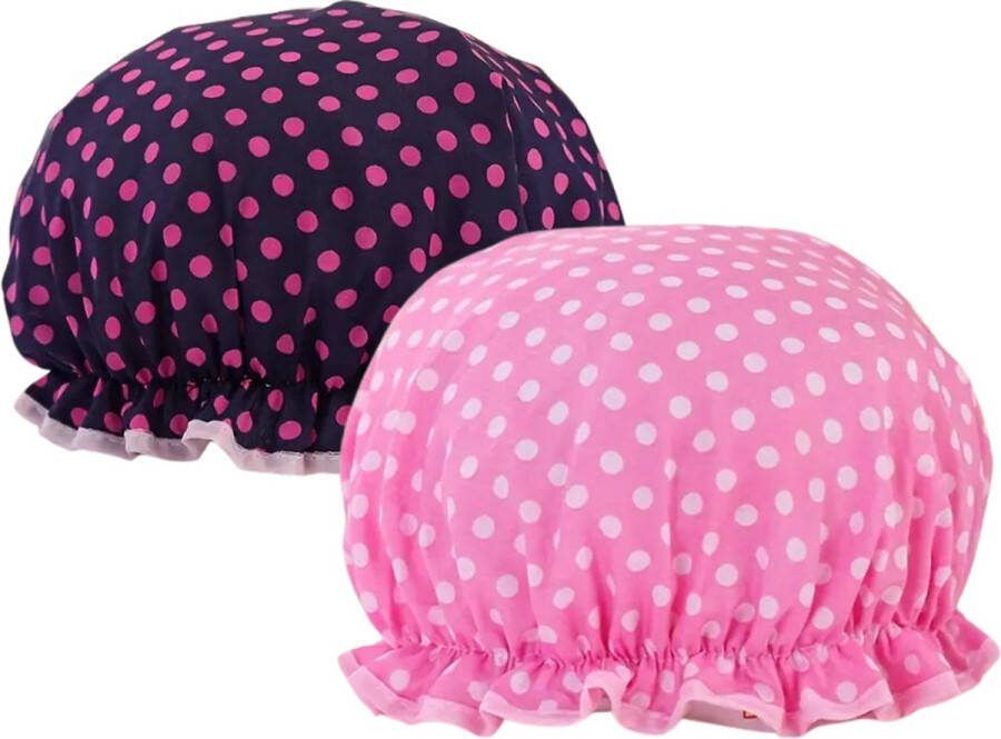Combi 2x: Douchemuts dames Roze & Blauw Stip One-size Badmuts vrouwen kinderen kind badmutsen waterdicht lang haar shower cap