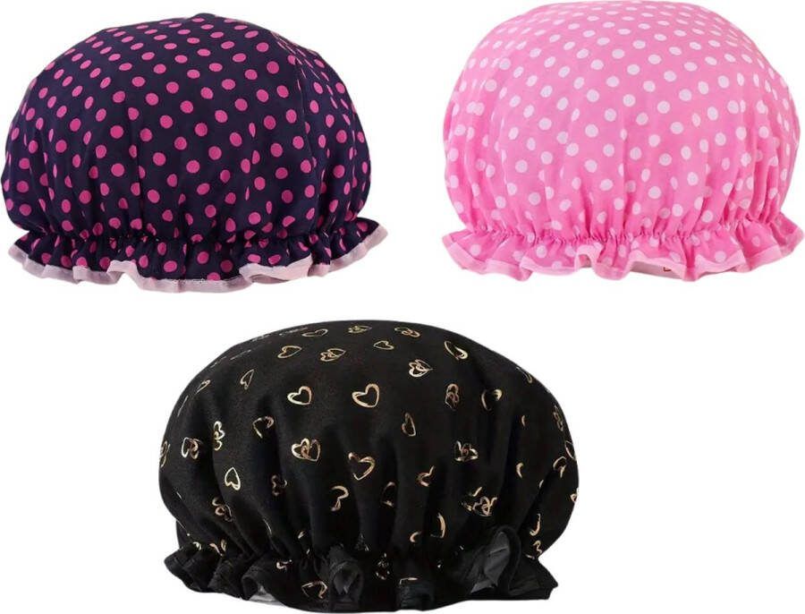 Combi 3x: Douchemuts dames Roze zwart & Blauw Stip & Hart One-size Badmuts vrouwen kinderen kind badmutsen waterdicht lang haar shower cap