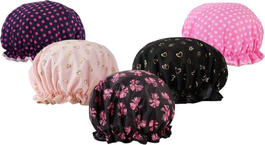 Combi 5x: Douchemuts dames Roze blauw & Zwart One-size Badmuts vrouwen kinderen kind badmutsen waterdicht lang haar shower cap