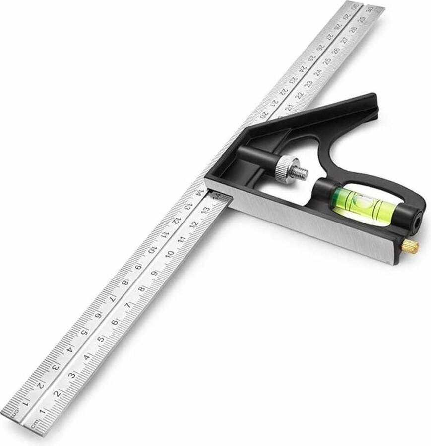 Combinatiehoek Combinatie Winkelhaak 300mm 45 en 90 Graden Multifunctioneel Universeel Professioneel Meetgereedschap met Aanslag Afneembare RVS Zwart