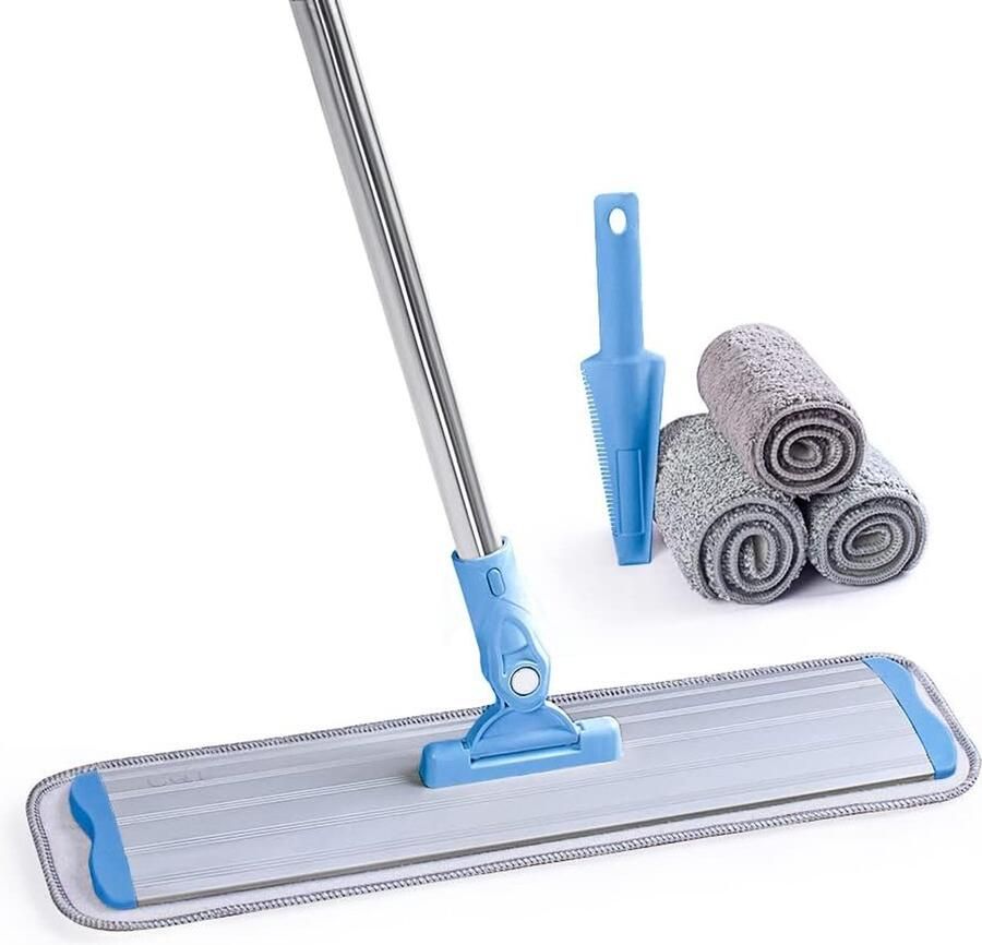 Commercieel vlak microvezel vloermopreinigingssysteem 18 nat droog en stofbaar laminaat tegelreiniger roestvrijstalen handvat en verlengstuk (blauw)