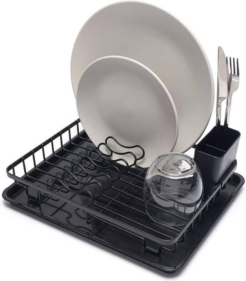 Compact afdruiprek voor borden met lekbak en bestekmand Zwart Keukenorganizer bordenrek